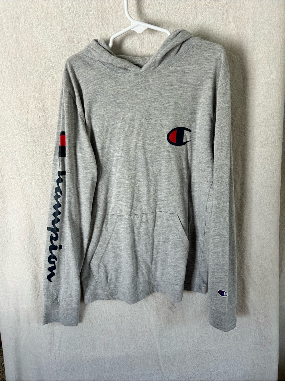 Champion Light Gray Hooded Pullover Long Sleeved Shirt with Logo Accents